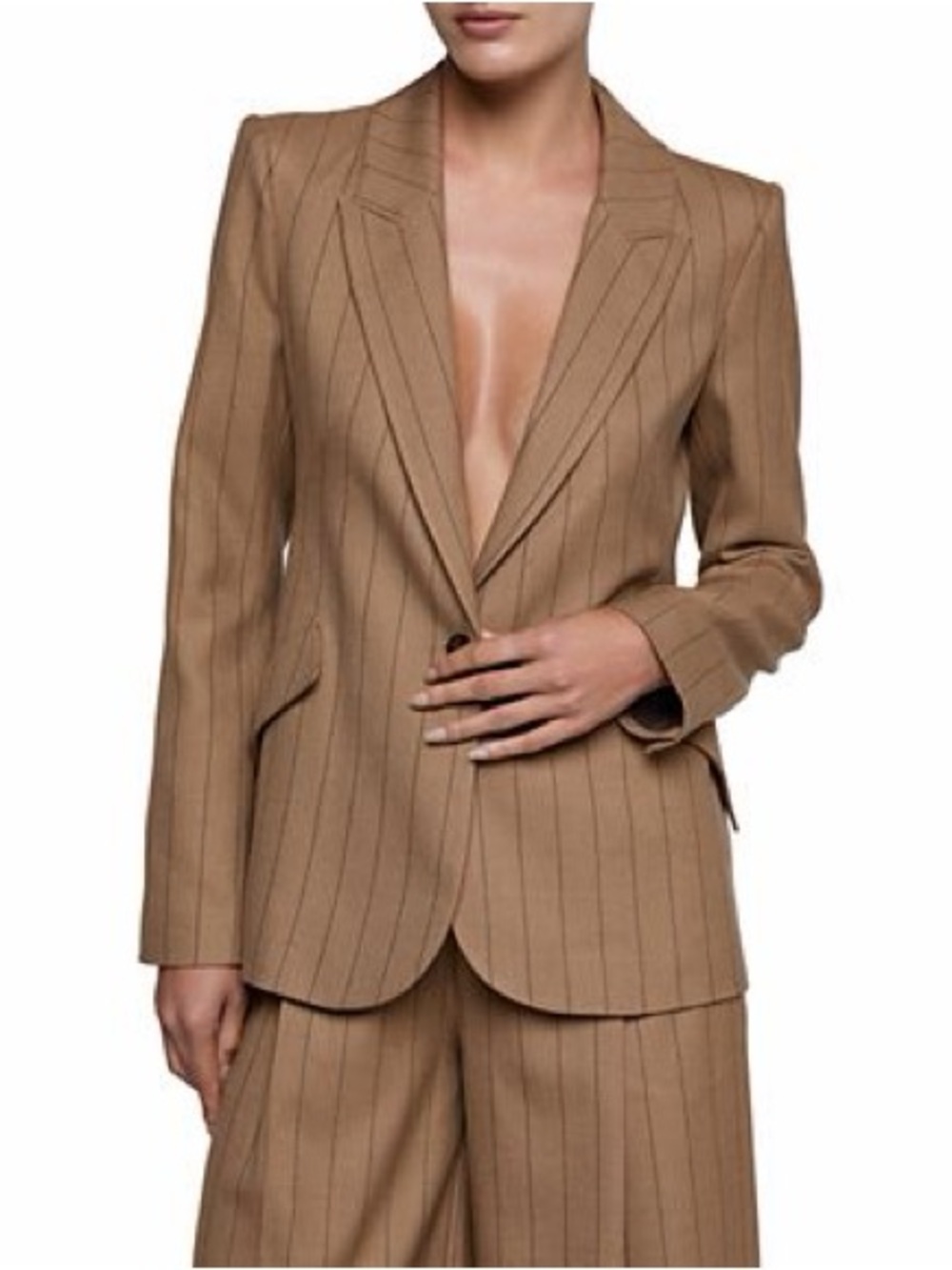 NWT L’Agence Chamberlain Single-Breasted Blazer in Pinstriped Mocha Tan/Brown